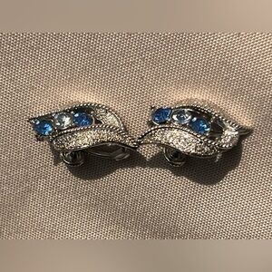 Vintage Coro Clip On Blue AB Rhinestones Faux Pearl Silver Tone Earrings
